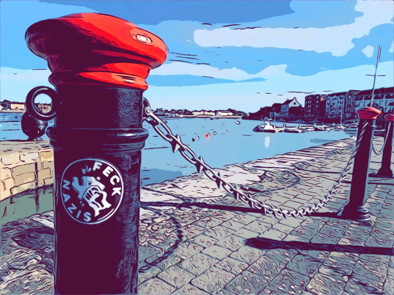 Art derived from a photograph by Kevin MacAlan taken on Davitt's Quay in Dungarvan, Co Waterford.